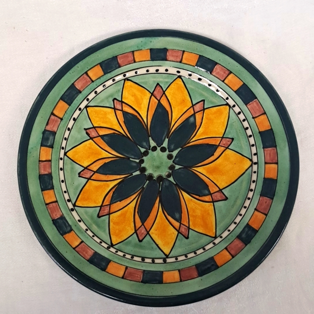 Vintage  handmade  signed studio art pottery 8” glazed ceramic sunflower plate
